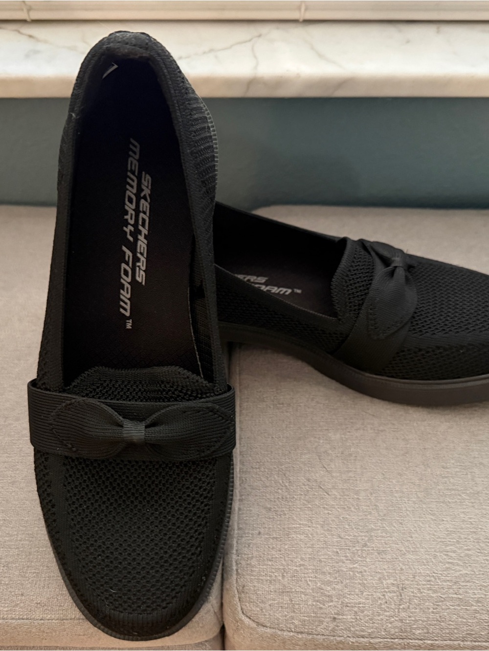 Skechers Black Knit Slip-On Loafers with Bow Detail
